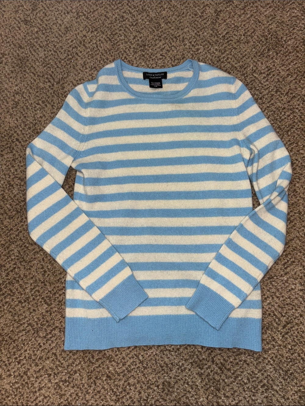 Lord & Taylor Blue and White Striped Crewneck Cashmere Sweater Small